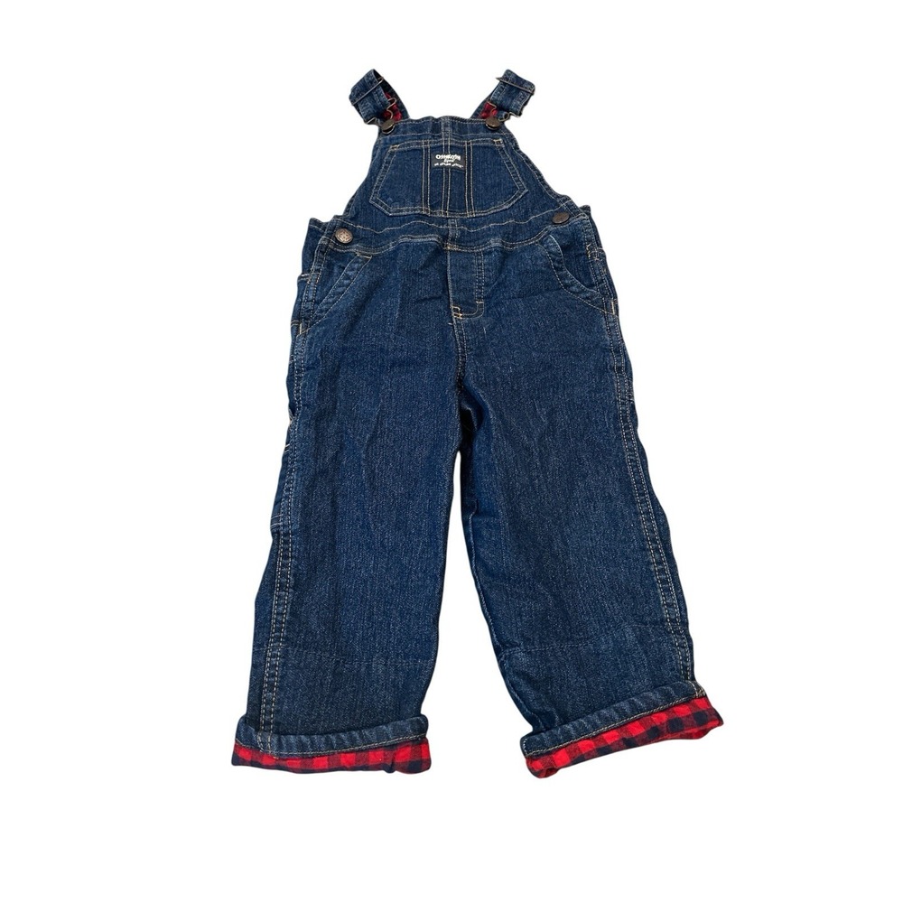 OshKosh B'gosh 3T Toddler‎ Denim Blue overall Red Plaid Lined Pocket Holiday